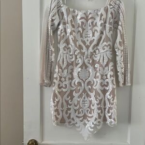 Elegant White and Nude Patterned Dress